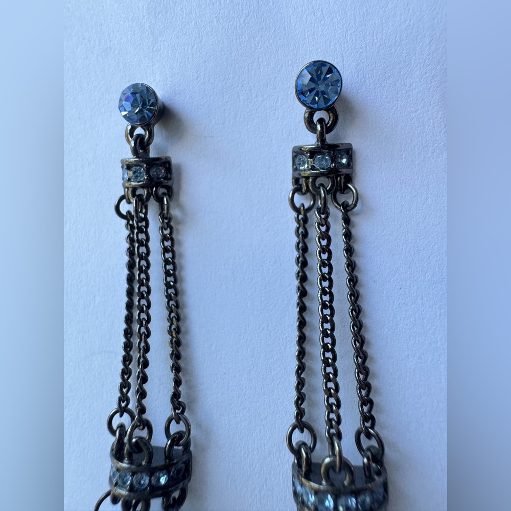 GIVENCHY Signed Blue Crystal Dangle Chain Stud Earrings - Picture 3 of 9